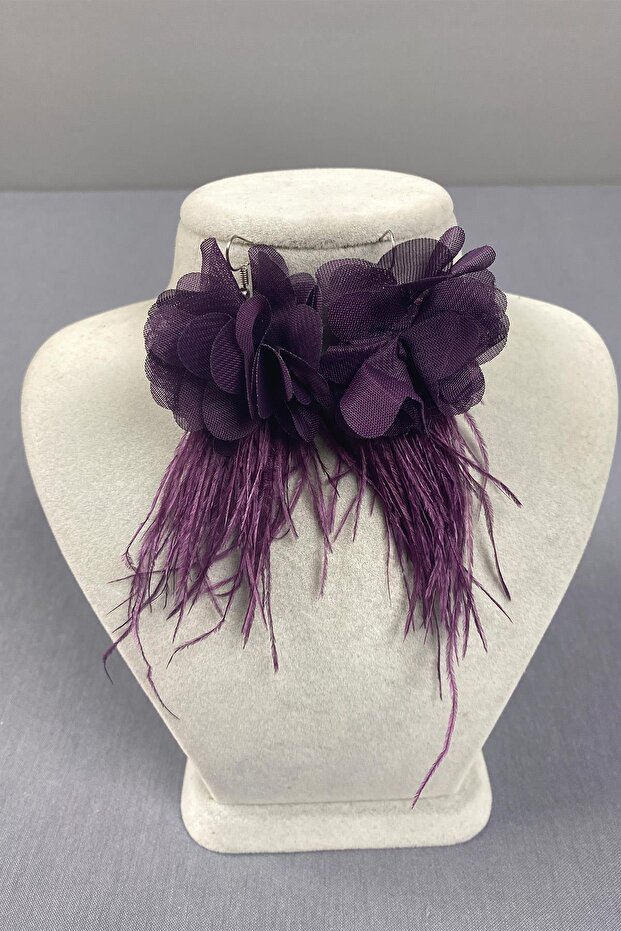 Purple Laser Floral Ostrich Feather Earrings – Special Design, Accessory, Quality Production, Eye-Catching Style –