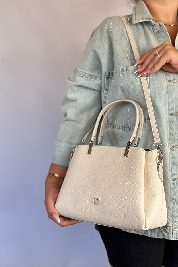 Large Size Embossed Leather Women's Shoulder Bag with 5 Compartments - 4018 Cream