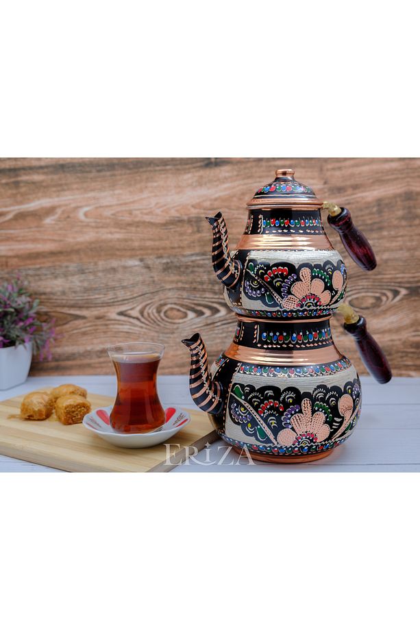 2,85 Litre Işlemeli Ikili Kalaylı Kalın Bakır Çaydanlık, Demlik Seti, Takımı - 3