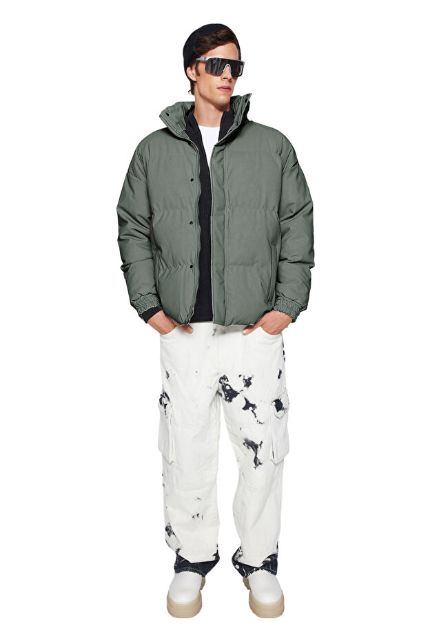 Haki Oversize Fit Dik Yaka Kışlık Şişme Mont TMNAW24MO00012 - 4
