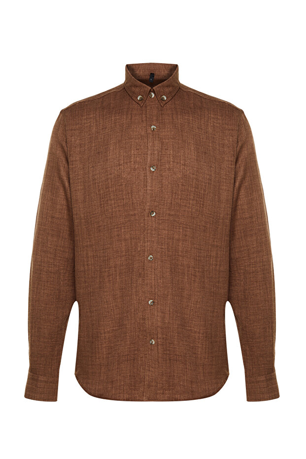 Kahverengi Slim Fit Keten Görünümlü Gömlek TMNAW24GO00093 - 6