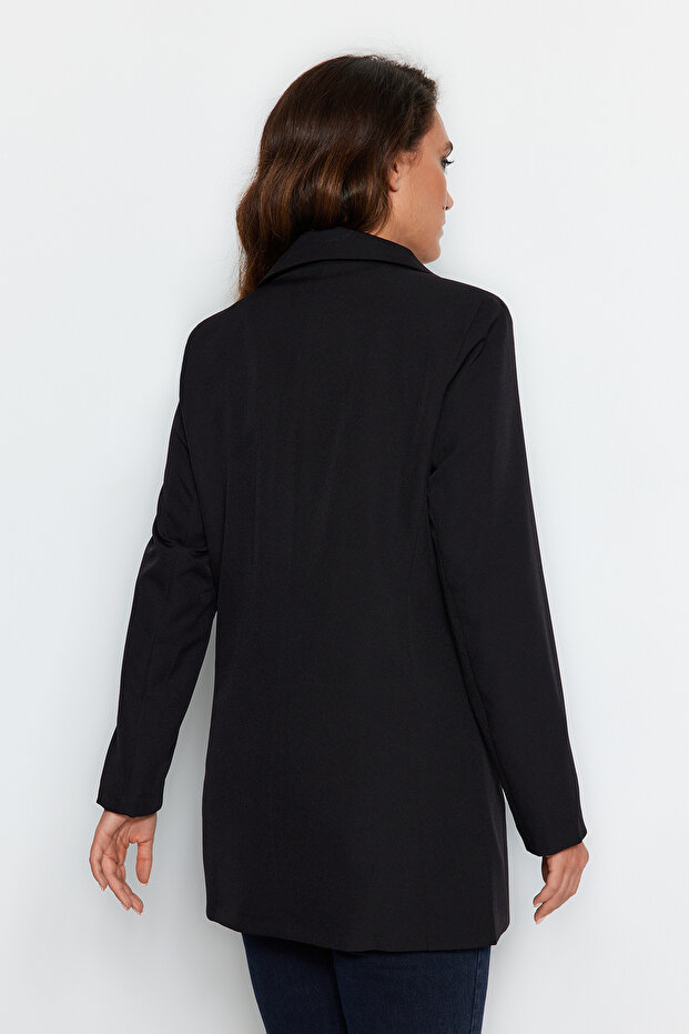 Siyah Çift Düğme Detaylı Cepli Astarlı Blazer Dokuma Ceket TCTSS22CE0250 - 6