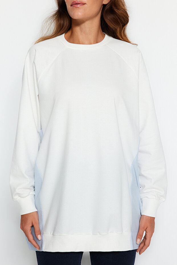 Ekru Oversize Dokuma Parçalı Örme Tunik TCTSS23UK00092 - 4
