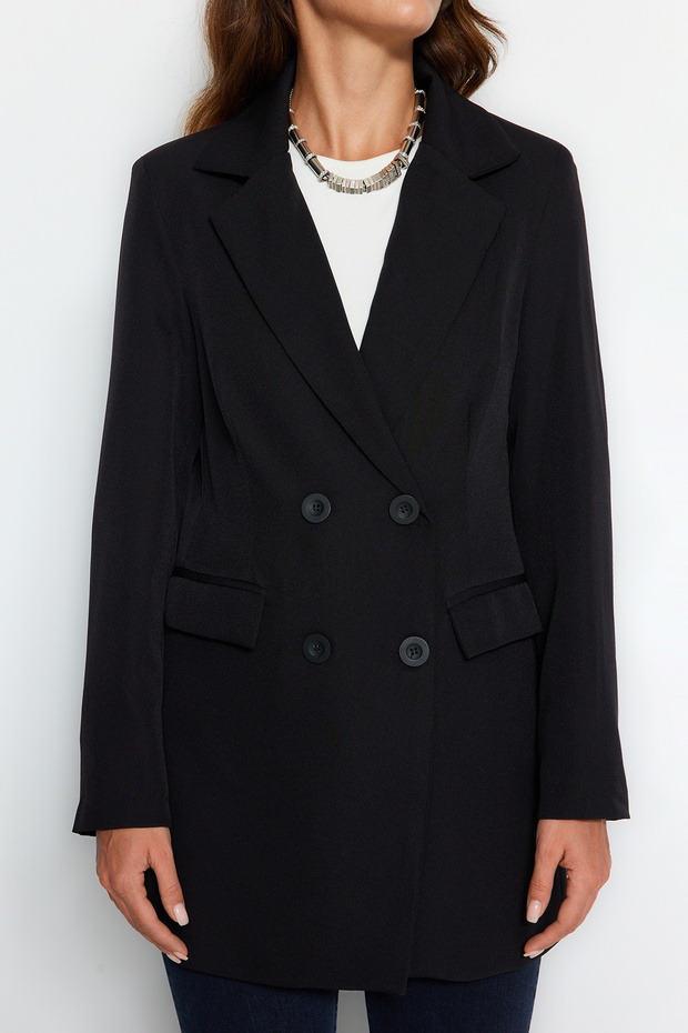 Siyah Çift Düğme Detaylı Cepli Astarlı Blazer Dokuma Ceket TCTSS22CE0250 - 4