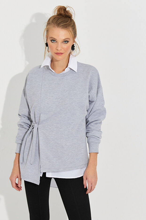 Women's Gray Tie-up Sweatshirt Yİ2493