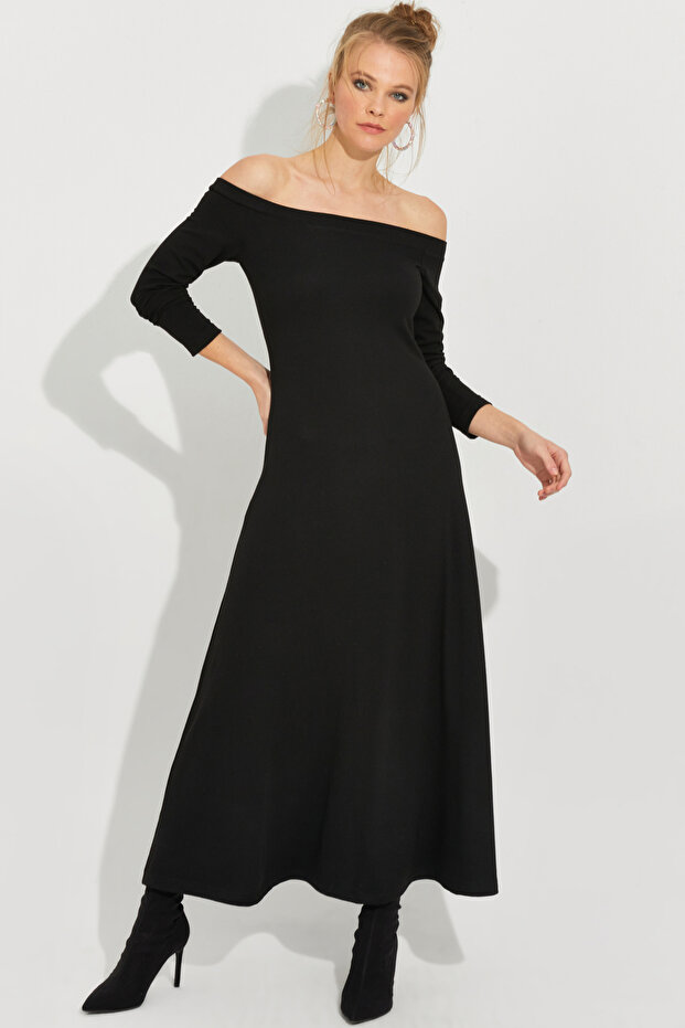 Kadın Siyah Madonna Yaka Midi Elbise BK272076 - 3