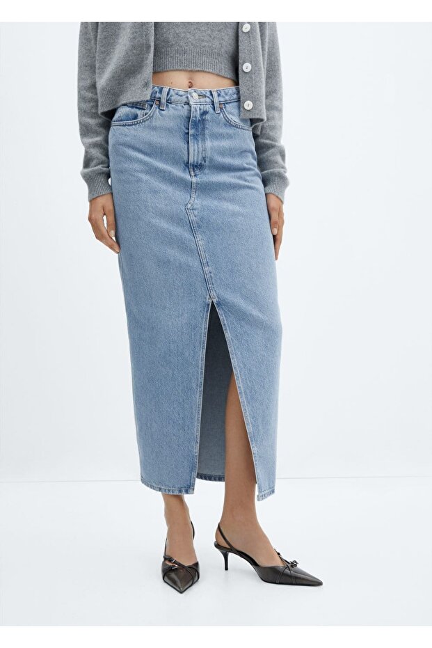 Yırtmaçlı denim etek - 1