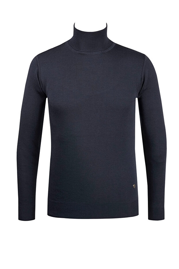 Men's Full Turtleneck Knitwear Navy Blue Sweater Plain Steel Knit Classic Fit