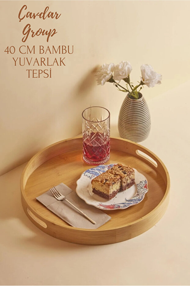 Bambu Yuvarlak Tepsi 40 Ø Cm Servis Çay Kahve Servis Tepsisi - 1