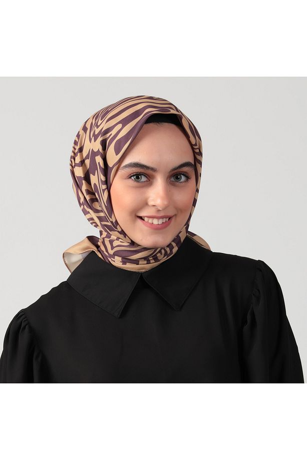 Pamuk İpek Eşarp - Helezon Desen - Camel - 1