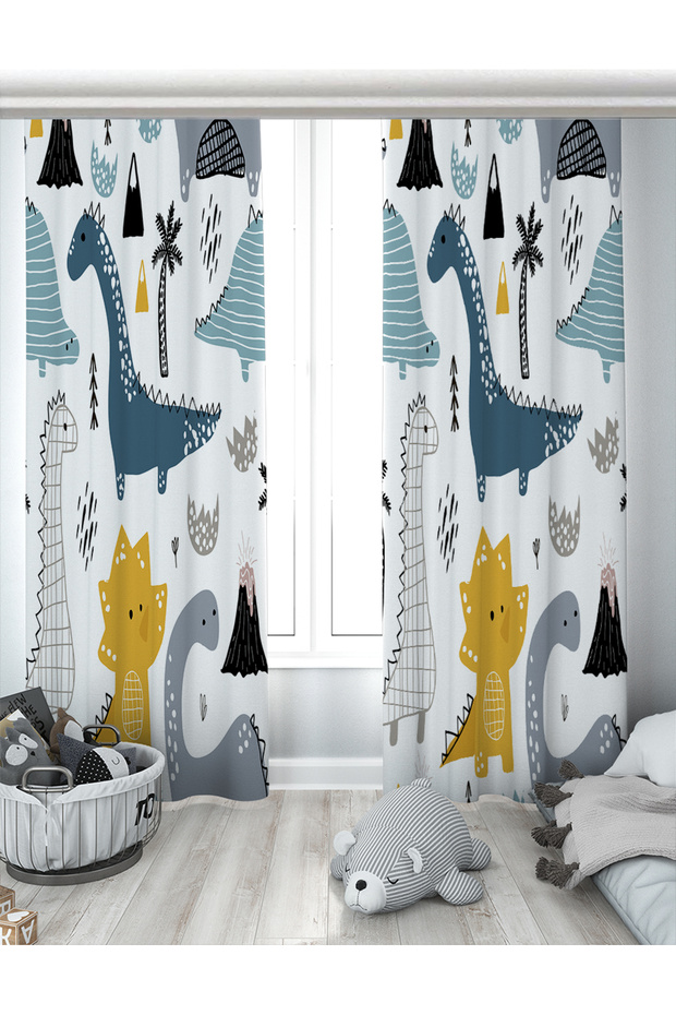 Dinozor Ailesi Çift Kanatlı Fon Perde EPP145 - 1