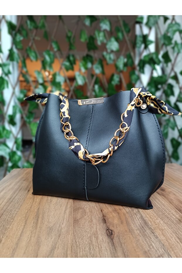 Women's Leather Bag with Scarf and Chain Accessories
