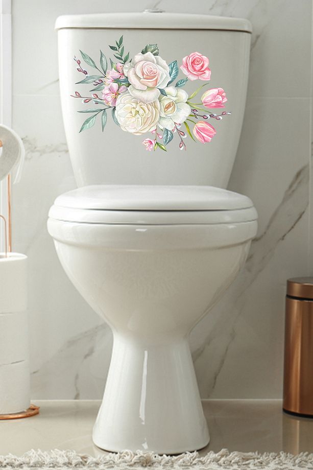 Klozet Sticker Beyaz Pembe Çiçekler Banyo Sticker Seti  ECH112 - 3
