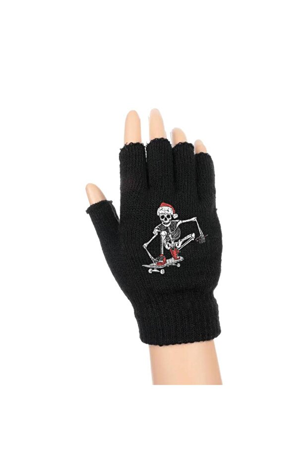 Skateboarder Skeleton Printed Unisex Black Cutaway Double Gloves