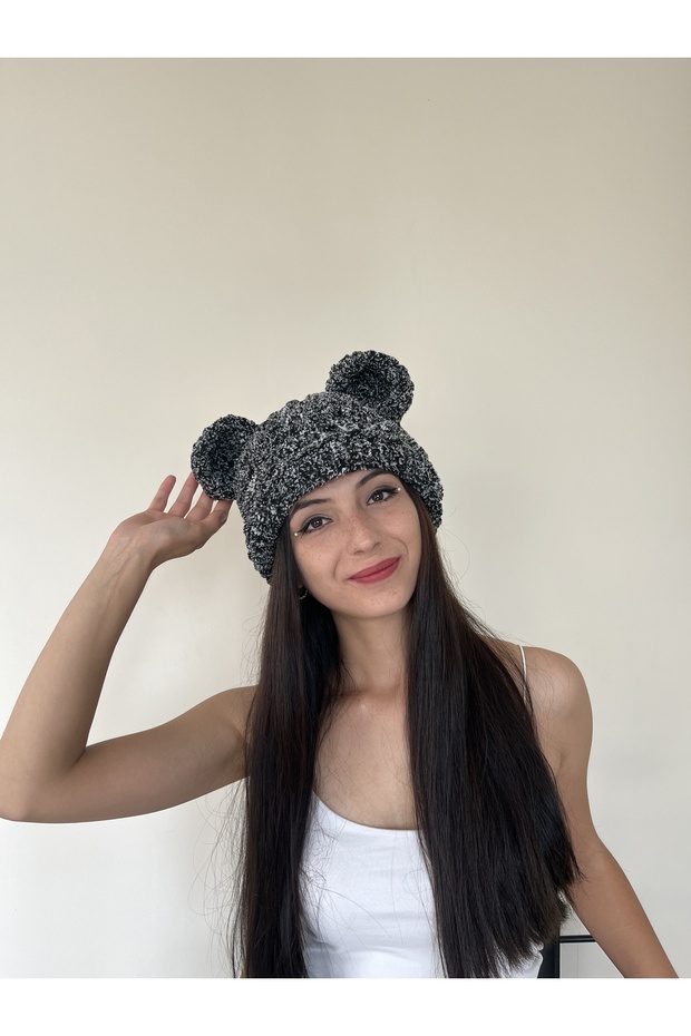 Bear Hat Beanie Plain Black Bear Eared Beanie Mask Winter Cap with Animal Figures Hand Knitted