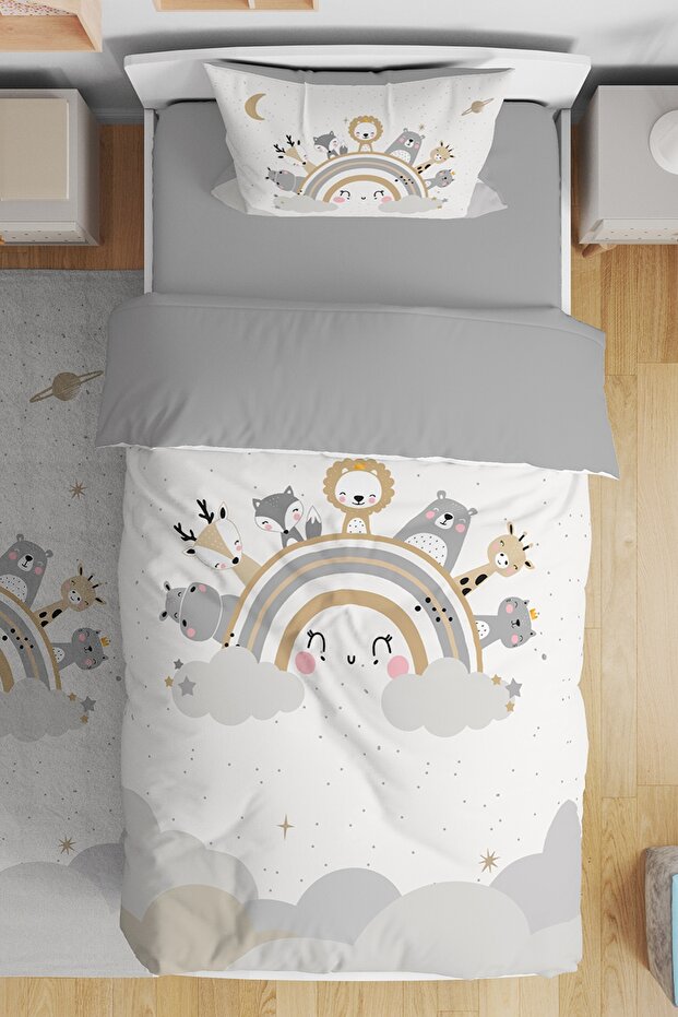 Smiling Rainbow Safari Patterned Single Baby Kids Bedding Set