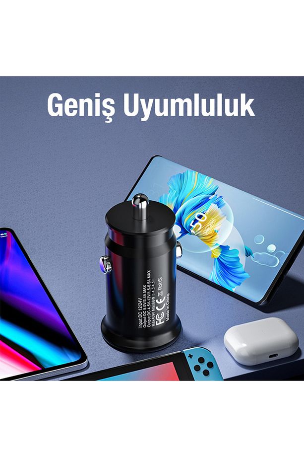 TE-P10 USB Ve Type-c Çıkışlı Araç İçi Çakmaklık Hızlı Şarj Başlığı SİYAH - 8
