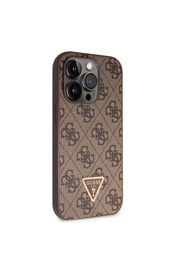 iPhone 14 Pro Max Compatible Case Guess Licensed Pu Leather with Rhinestone Triangle Logo 4g Pattern Brown