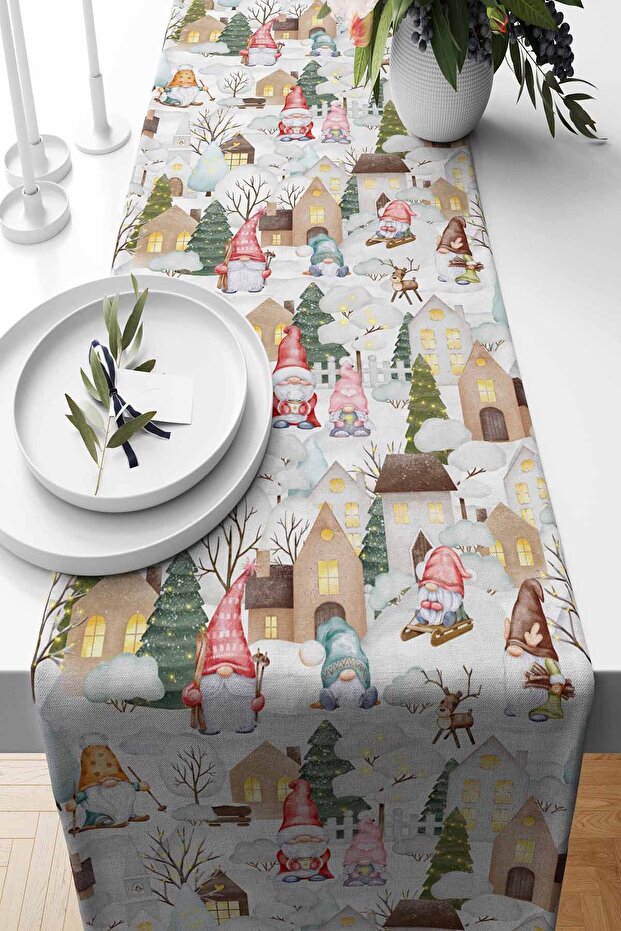 Runner Village Patterned Suede Woven 140*40 Cm New Year - Christmas