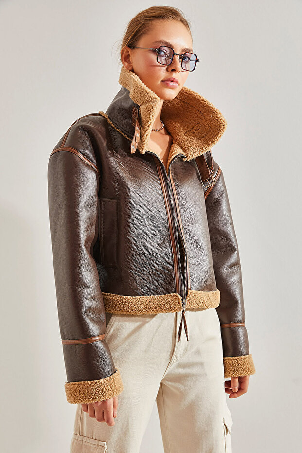 Women's Dark Brown Collared Belted Laminated Jacket 2289