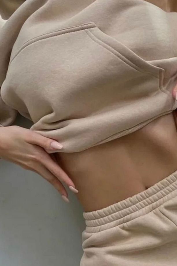 Üç İplik Kumaş Kanguru Cepli Kapişonlu Sweatshirt ve Yüksek Bel Alt Camel Spor Eşofman Takım 400 - 4