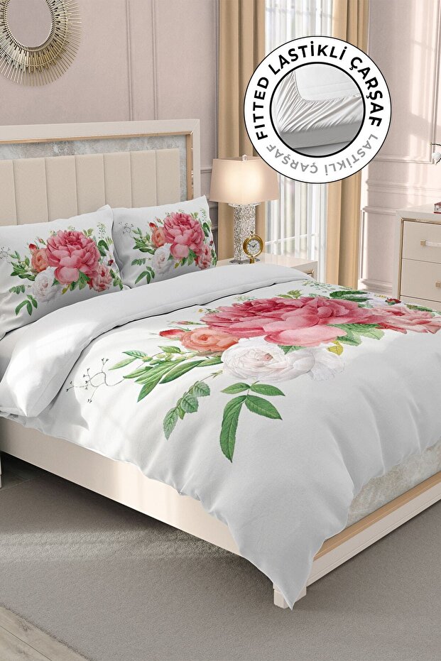 Cotton Satin Double Duvet Cover Set with Elastic Sheets New Floral