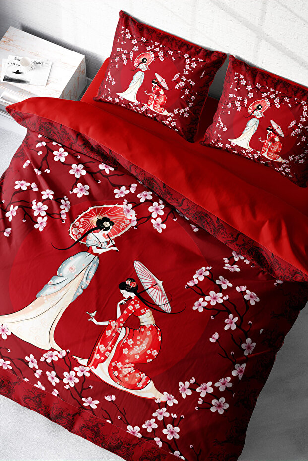 Cotton Satin Double Duvet Cover Set with Elastic Sheets Japan Style