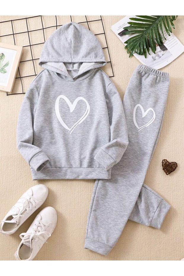 Girl's GRAY Hooded White Heart Printed Tracksuit Set