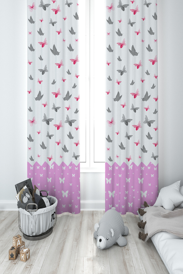 BABY AND KIDS ROOM Pink Butterfly Patterned 2 Wing Background Curtain