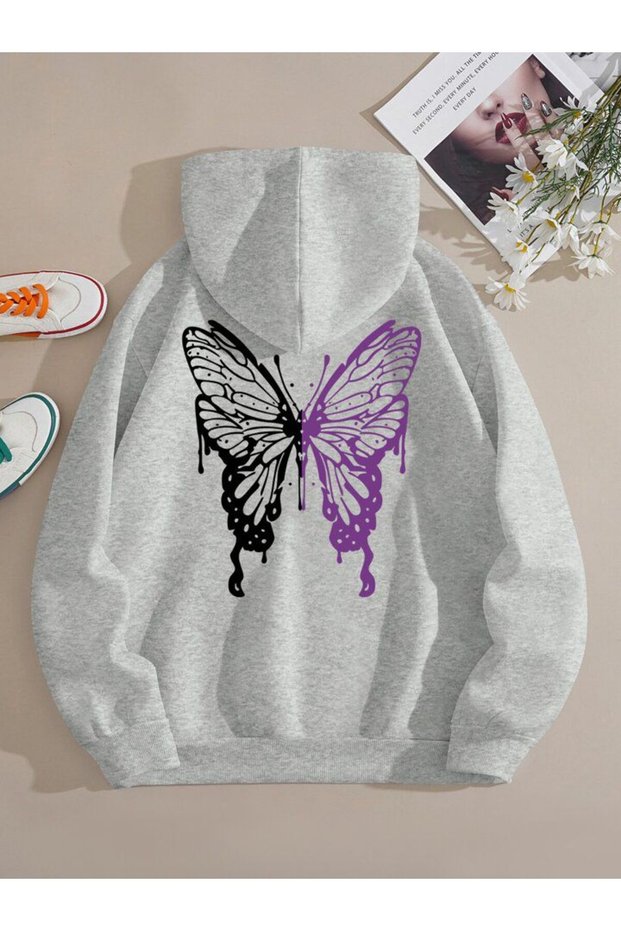 Girl's GRAY Hooded Purple-Black Butterfly Printed Sweatshirt