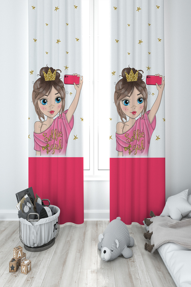 BABY AND KIDS ROOM Princess Girl Making Selfies Patterned 2 Wings Background Curtain