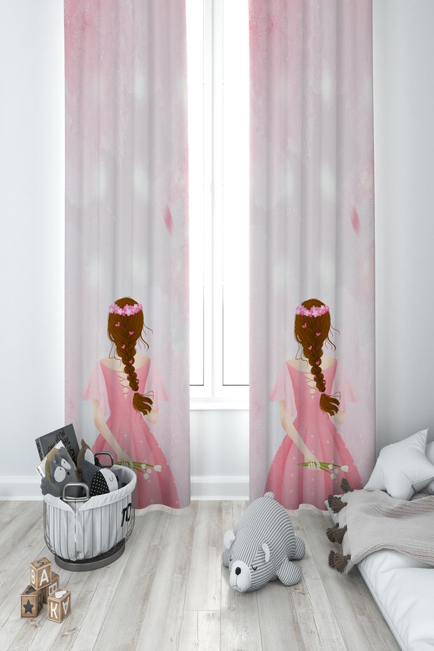 BABY AND KIDS ROOM Braided Haired Girl Patterned 2 Wings Background Curtain