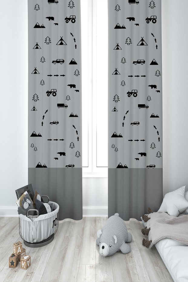 BABY AND KIDS ROOM Car Road and Animal Figure Patterned 2 Wing Background Curtain
