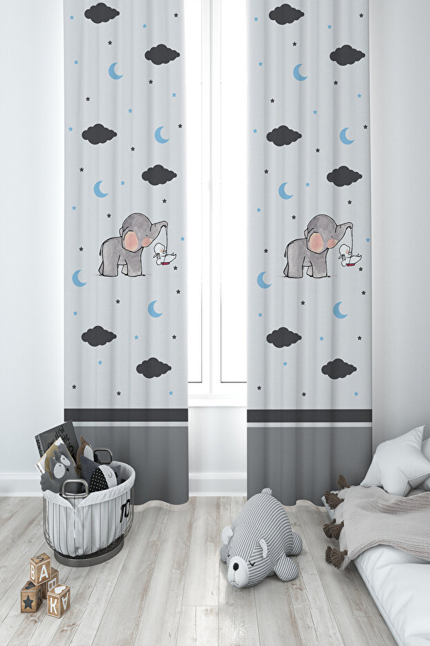 BABY AND KIDS ROOM Elephant and Rabbit Patterned 2 Wing Background Curtain