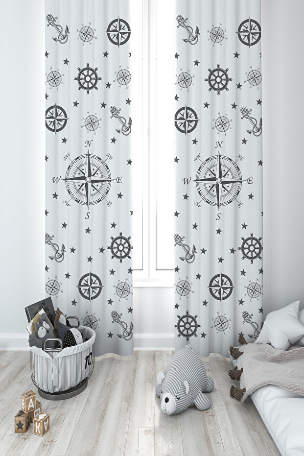 BABY AND KIDS ROOM Compass Patterned 2 Wing Background Curtain