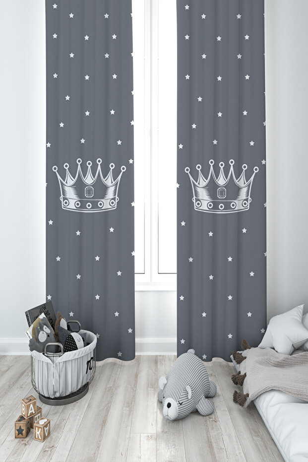 BABY AND KIDS ROOM King Crown and Star Patterned Gray 2 Wing Background Curtain