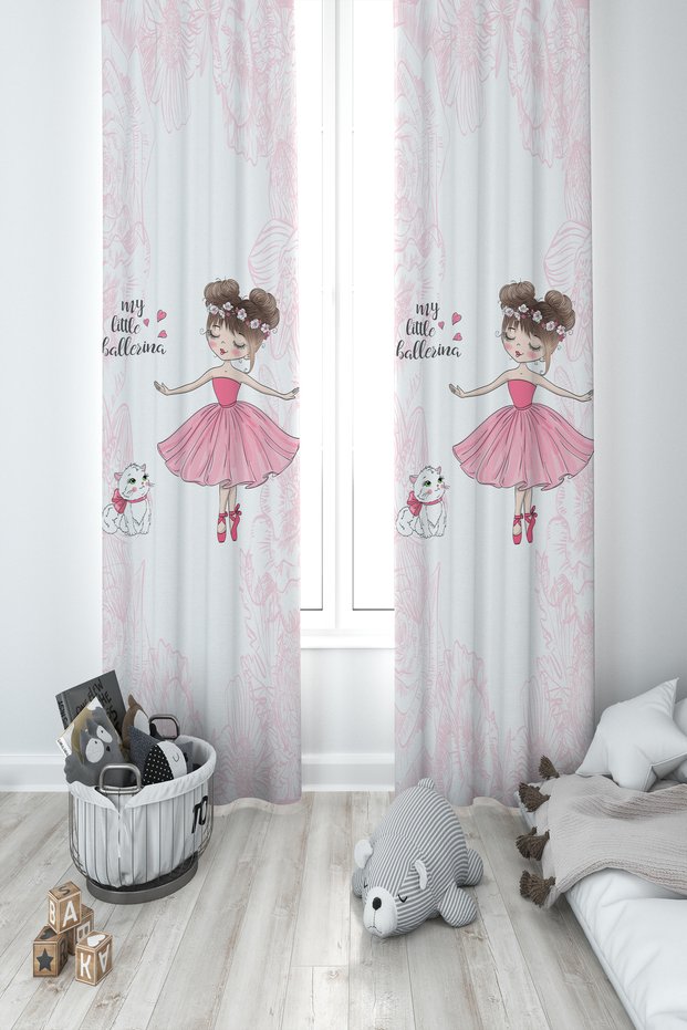 BABY AND KIDS ROOM Ballerina Girl and Cat Patterned Motif 2 Wings Background Curtain