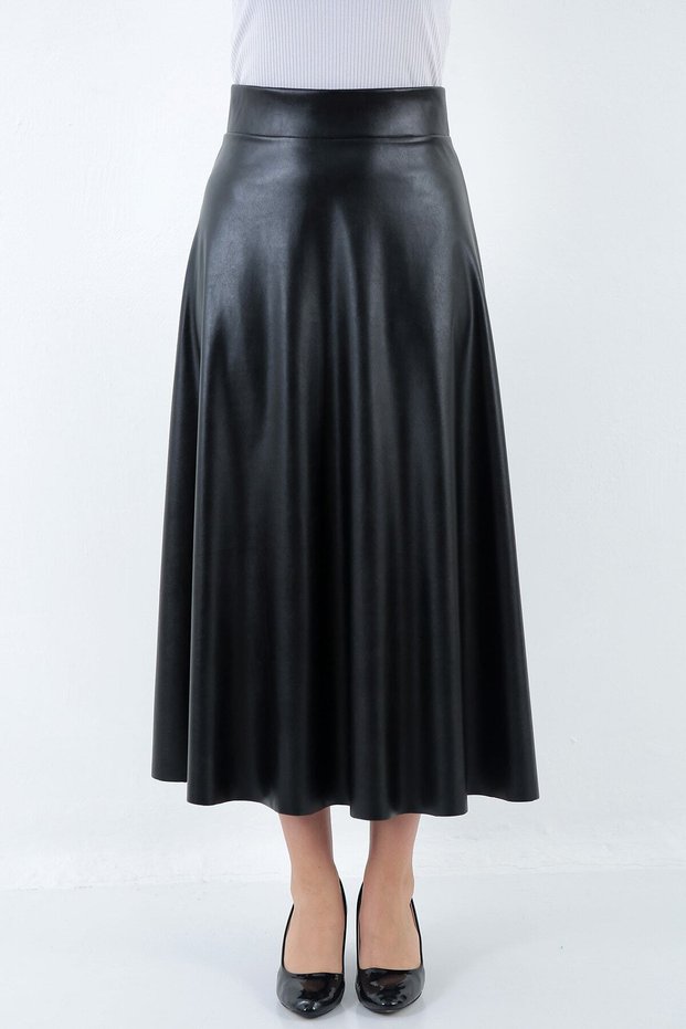 Women's Faux Leather Black Long Hijab Flared Mevlana Skirt Faux Leather