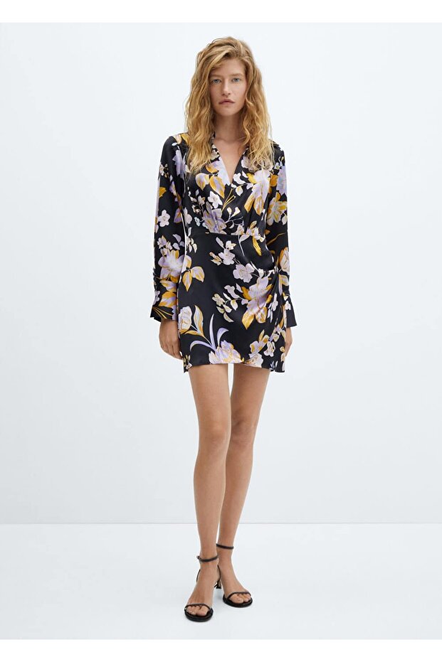 Çiçek Desenli Saten Elbise - 2