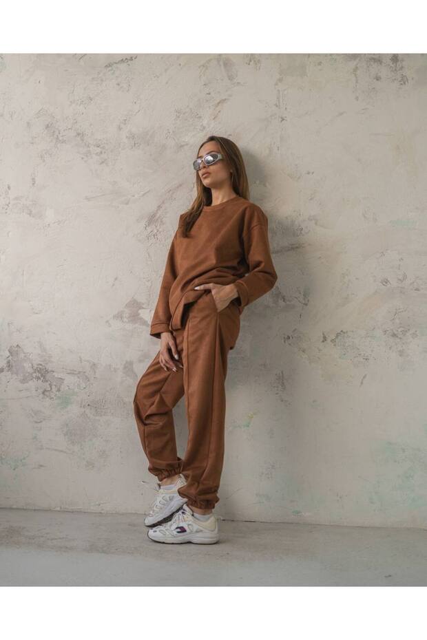 Unisex Very Loose Oversize Loose Cut Suede Sweat Pants Double Set Brown