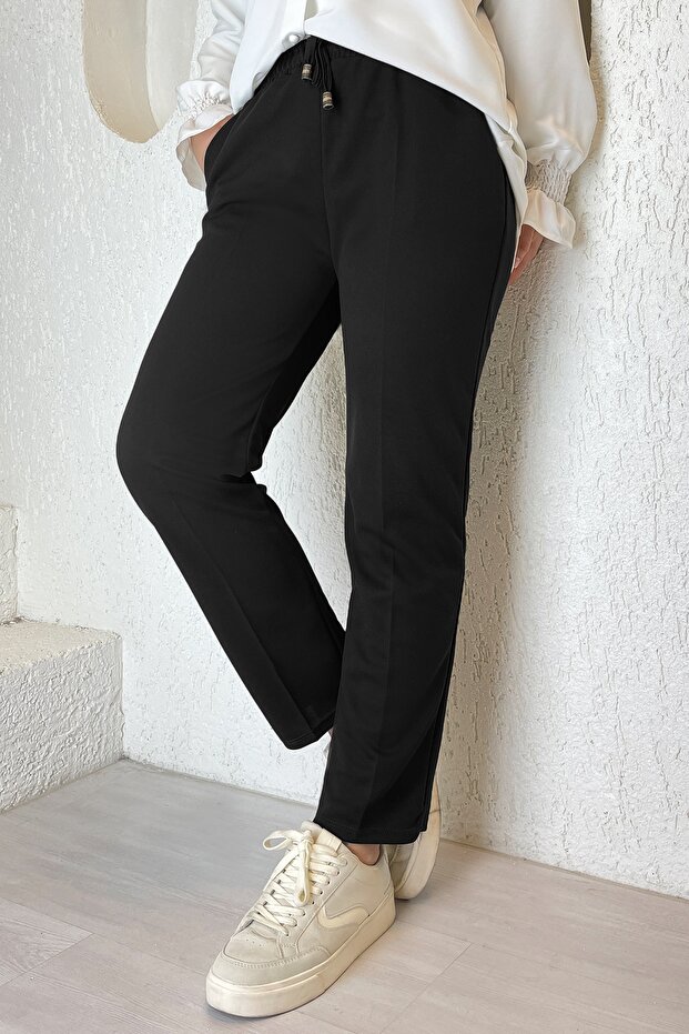 Lycra Double Fabric Trousers with Elastic Waist - Black