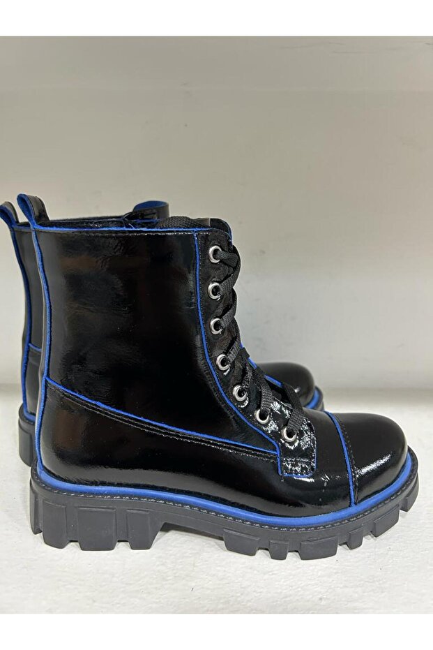 Children's Genuine Leather Boots Blue Cut Black Patent Leather