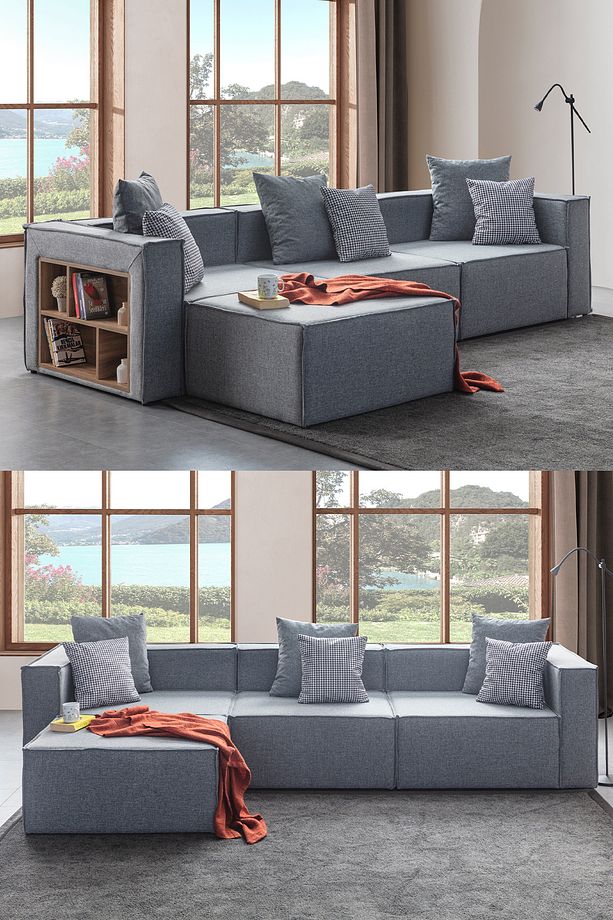 Soft Kitaplıklı 4 Modül Modüler Köşe Koltuk Takımı Gri - 1