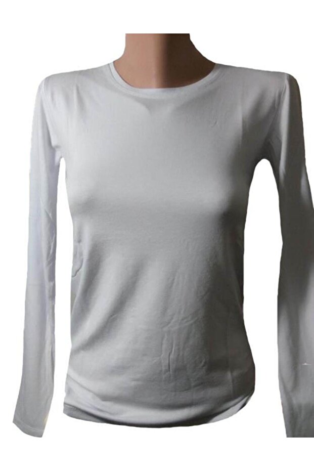 Body solid cu mânecă lungă, decolteu, alb - 1