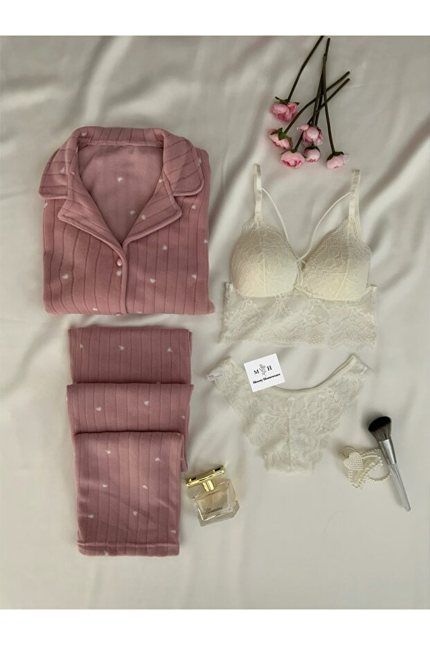 4-Piece Pink Premium Polar Thermal Heart Pajama Underwear Set