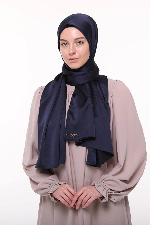 Women's Plain Crepe Satin Shiny Luxury Evening Dress Shawl-navy blue