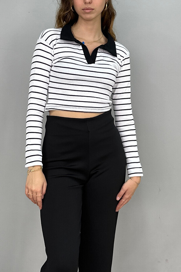 Women's Striped Polo Neck Blouse