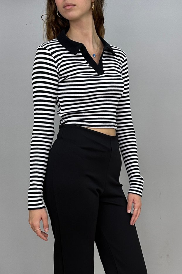 Women's Striped Polo Neck Blouse