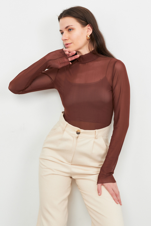 Women's Brown Tulle Transparent Blouse