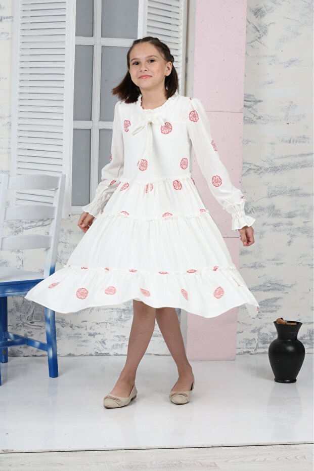 GARNISHED DAISY PATTERNED BEACH COLLAR LONG SLEEVE DRESS
